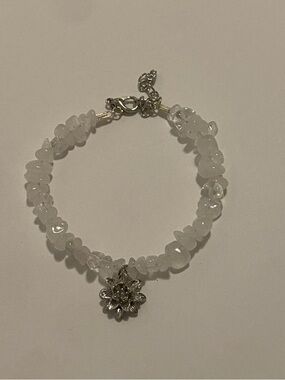 Delicate White Crystal Chip Bracelet with Silver Flower Charm